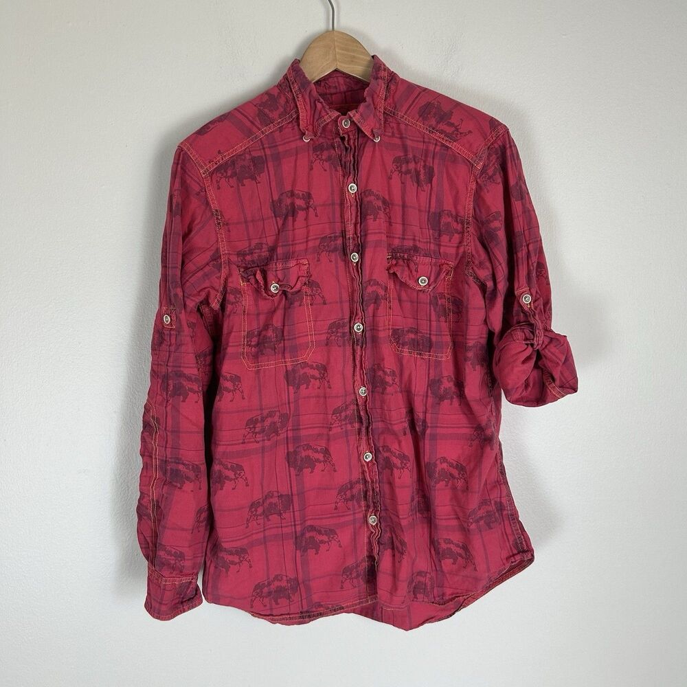 Vtg Barn Fly Mens M Western Button Up Shirt Buffalo All Over Print Made USA